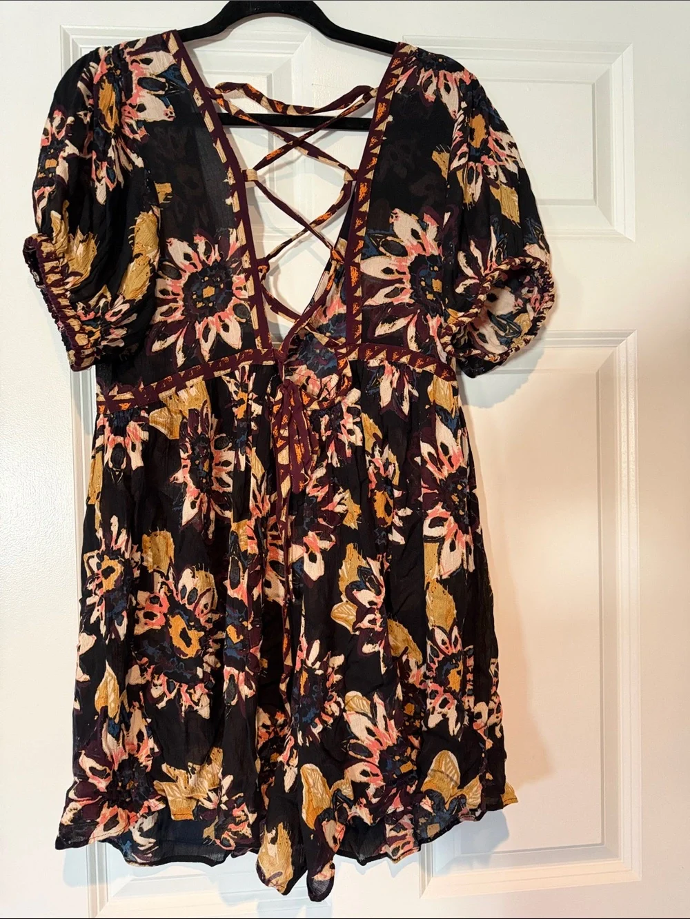 Free People Black Floral V-Neck Crisscross Romper with Mustard and Pink Accents